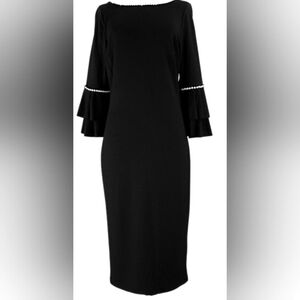 Venus Black Dress with Ruffle Sleeves & Pearls